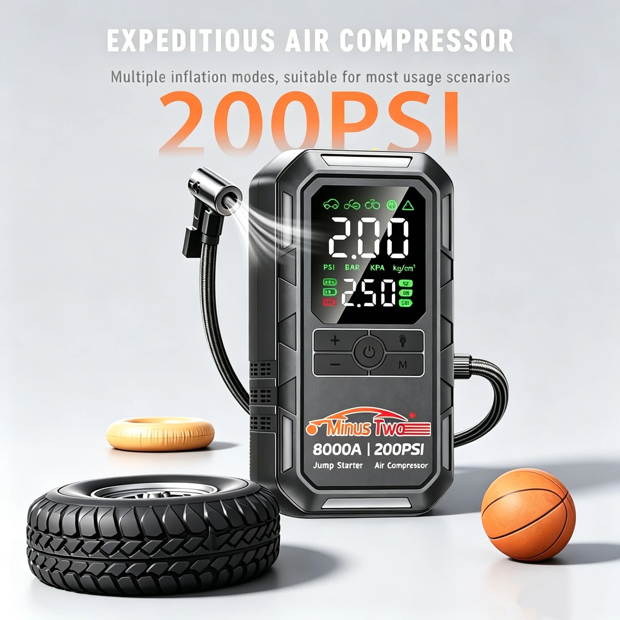 Avviatore d'Emergenza Multifunzione per Auto con Gonfiatore Pneumatici 8000A di Picco, Pompa d'Aria 200PSI e Funzione Power Bank