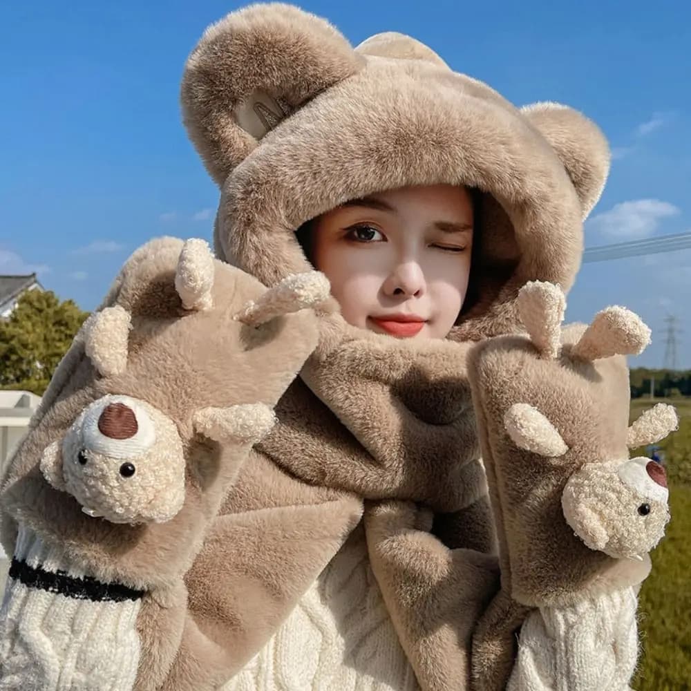 Gloves scarf hat thickened fashion Set cute bear ear winter warm woman cap caps cap lined fleece and hat thickened cycling