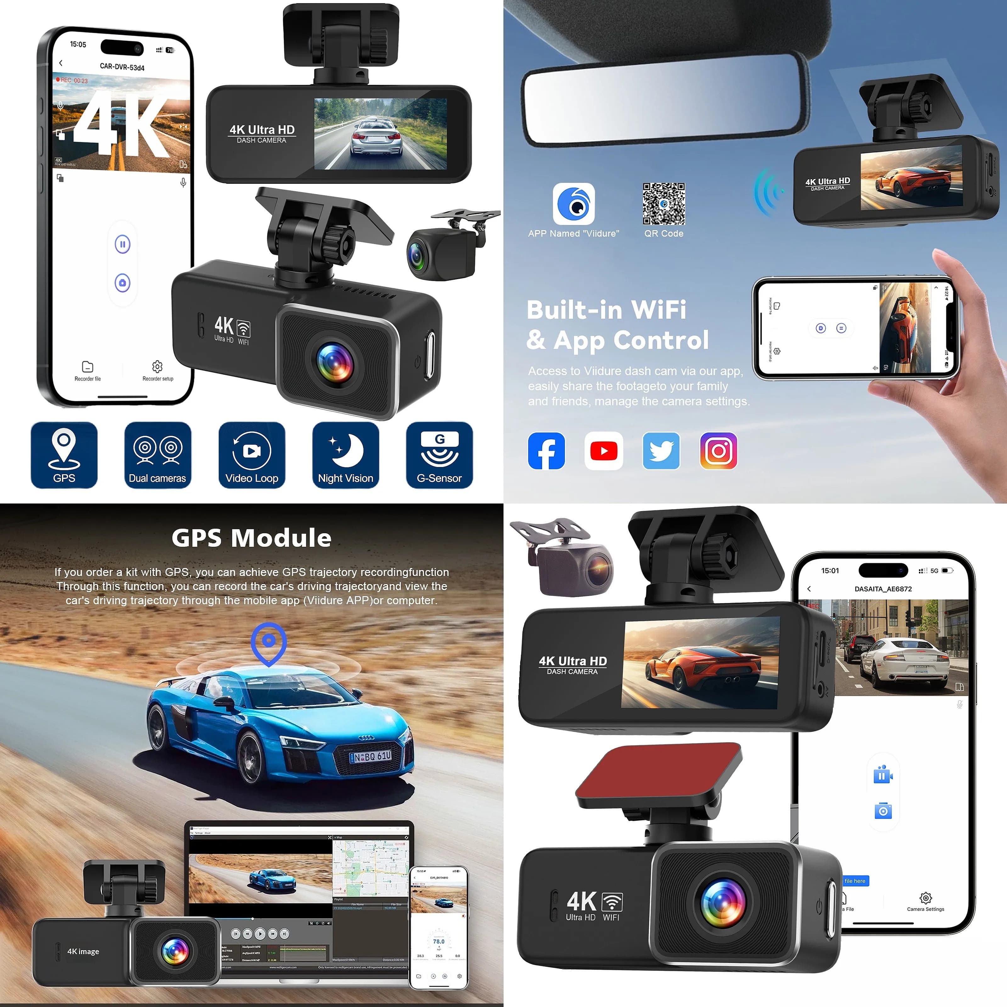 Cross-border Car WiFi Dash Cam 4K Night Vision Wide Angle Dual Lens GPS Tracker DVR