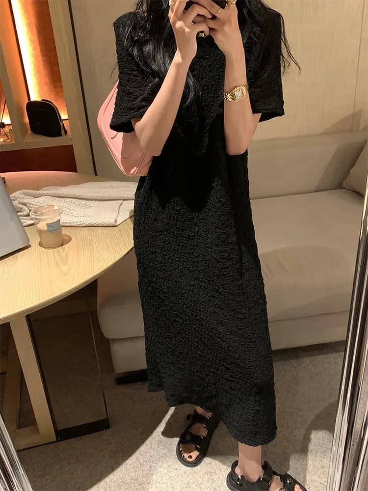 plus Size 300 Pounds Fashionable Slimming Pleated Short Sleeve Dress Loose Summer Anti-Aging Midi T-Shirt Dress Korean Style