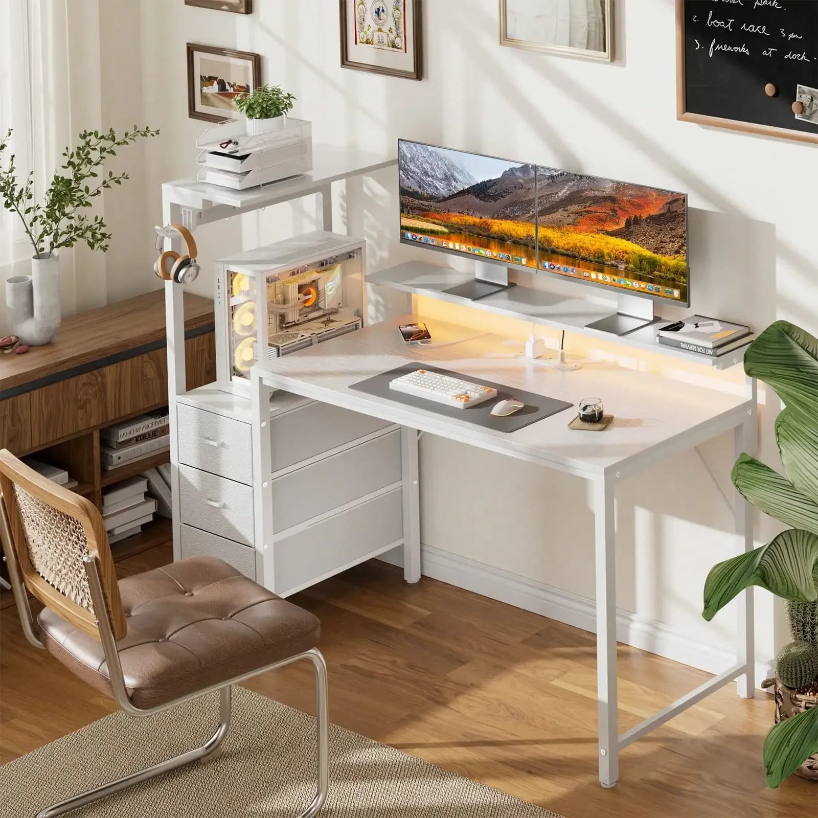 Scrivania da Gaming con Supporto Monitor e Cassettiera, Luci LED, Prese di Corrente Integrate e Ricarica USB, Scrivania per Computer da Ufficio Domestico