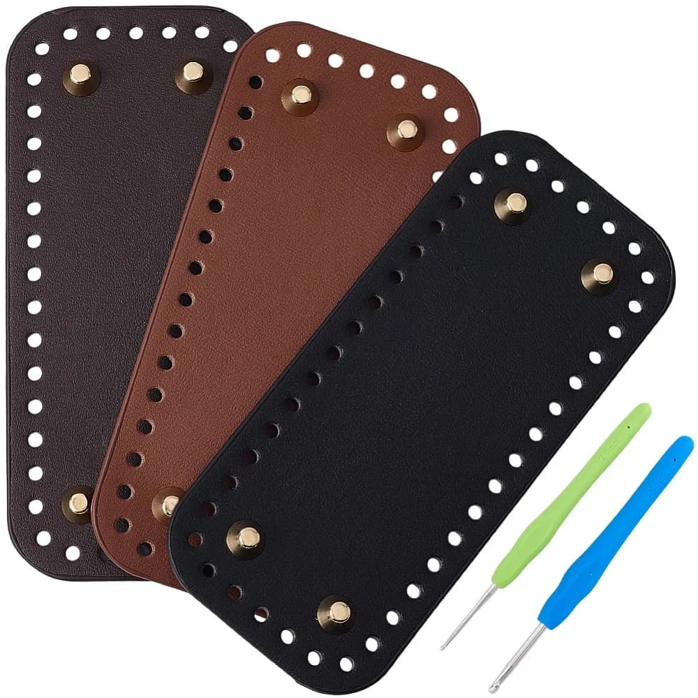Set di 3 Pezzi in 3 Colori: Borse Rettangolari in Pelle PU per Lavori a Maglia e Uncinetto, Base Modellante con Chiodi in Lega, 2 Ganci in Alluminio per Uncinetto