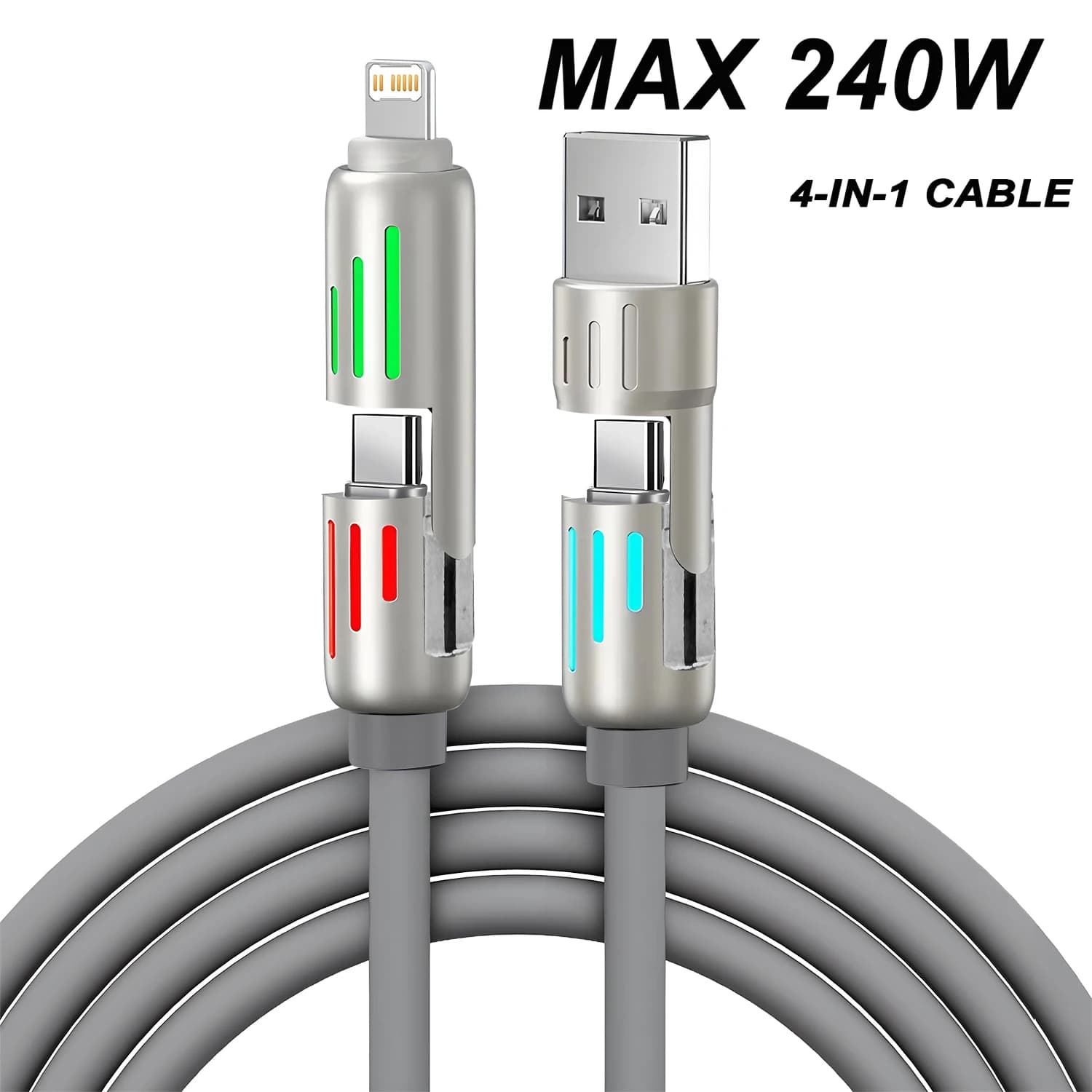 1M/1.5M 4 in 1 Data Line 240W Fast Charge USB Type C PD Silicone Aluminum Alloy Data Cable for iPhone Huawei Samsung Xiaomi Hono