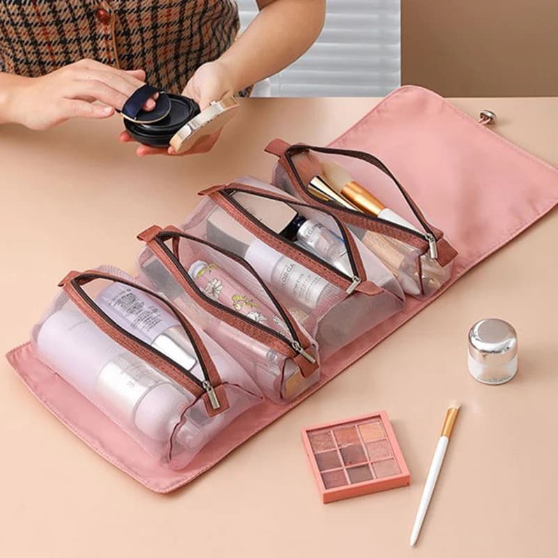 4 detachable makeup bag in 1 women's cosmetic bag in mesh with large capacity hinge folding portable travel wash bag