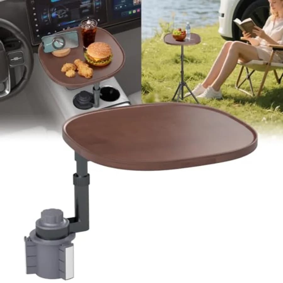 Tavolino e Scrivania per Laptop da Auto - Altezza Regolabile a 360 Gradi ° Supporto per laptop da auto e portabicchieri in legno massello con treppiede girevole - Stee