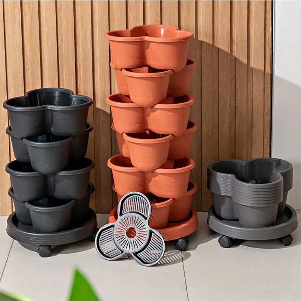 New vertical tower stackable plastic flower pot with mobile wheels multi-layer flower pot for strawberries home garden tower