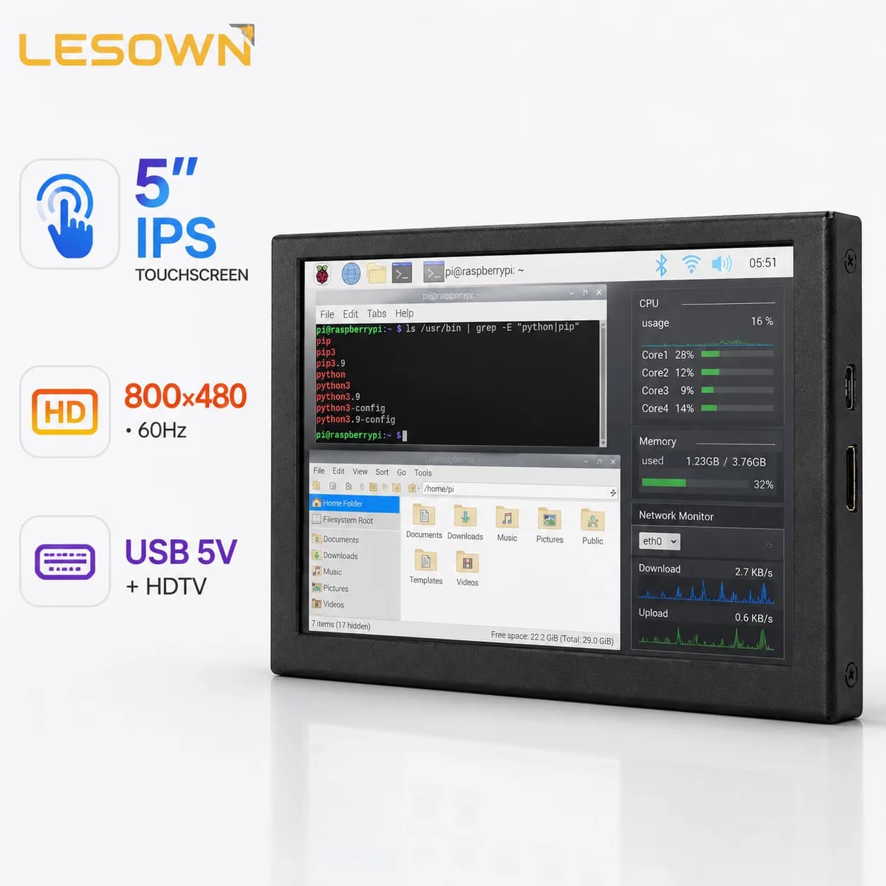 LESOWN 5.0 Inch Micro Touchscreen Monitor 16:9 Portable Display HDTV Input Full View for Jetson Nano Developer & Raspberry Pi