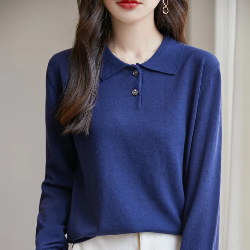 Donna 100% cotone maglione colletto Polo Pullover Casual tinta unita maglieria manica lunga primavera autunno Bottoming abbigliamento top