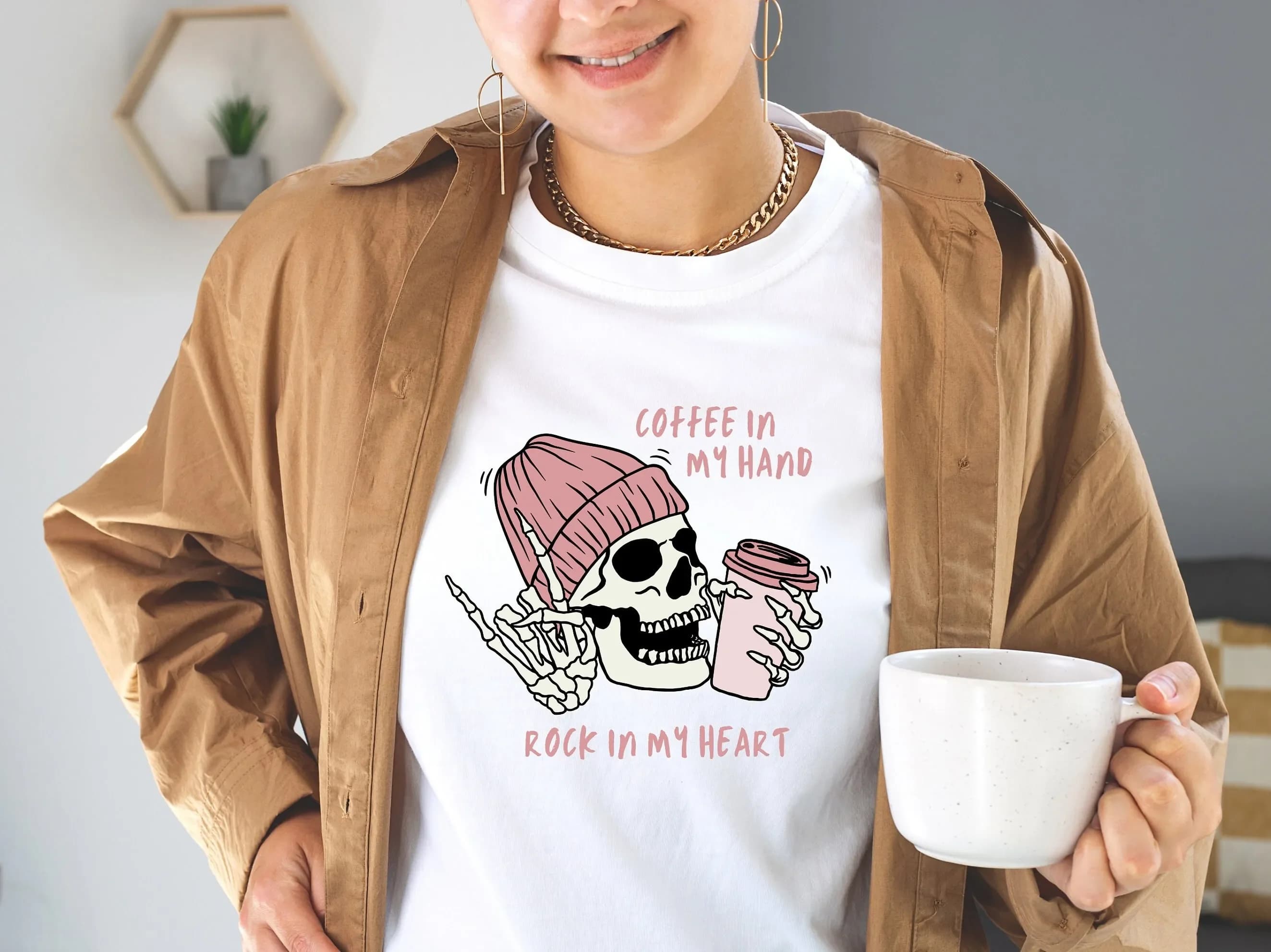 Coffee in My Hand Rock Heart T Shirt Skull with Beanie and Roll Lover Punk Grunge Aesthetic