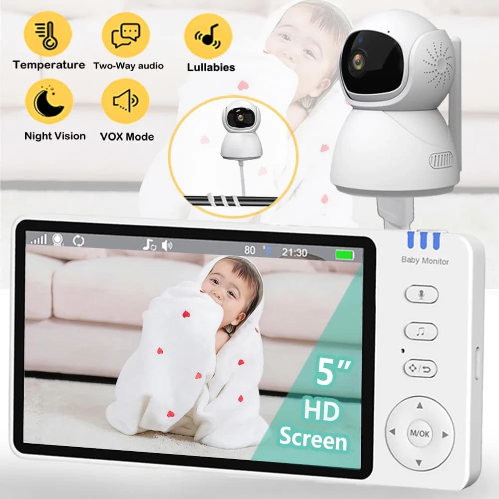 Monitor video per bambini da 5,0 pollici con schermo IPS, telecamera PTZ, audio bidirezionale, ninna nanna, visione notturna e staffa di sicurezza.
