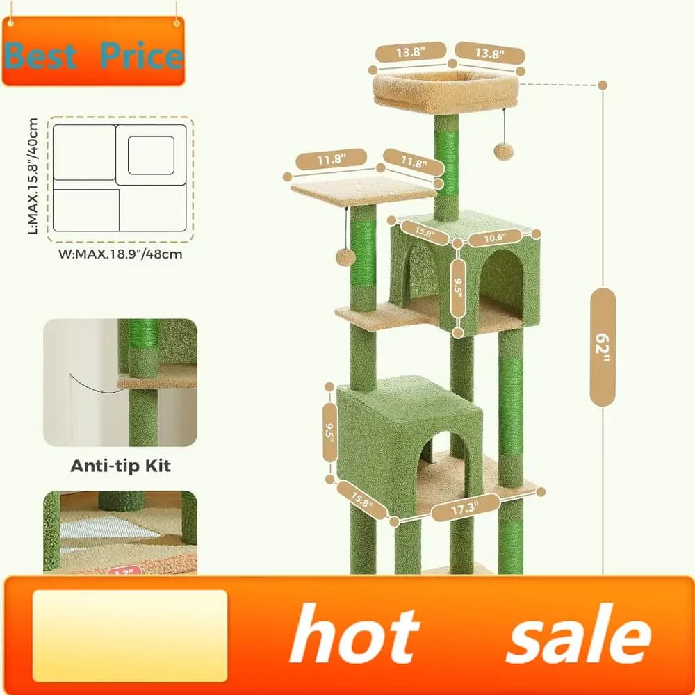 Promozione: Albero per Gatti Alto 62 Pollici con 2 Posti Riposo, 4 Tiragraffi, 2 Cucce, Tavola da Graffiatura e 2 Palline Appese