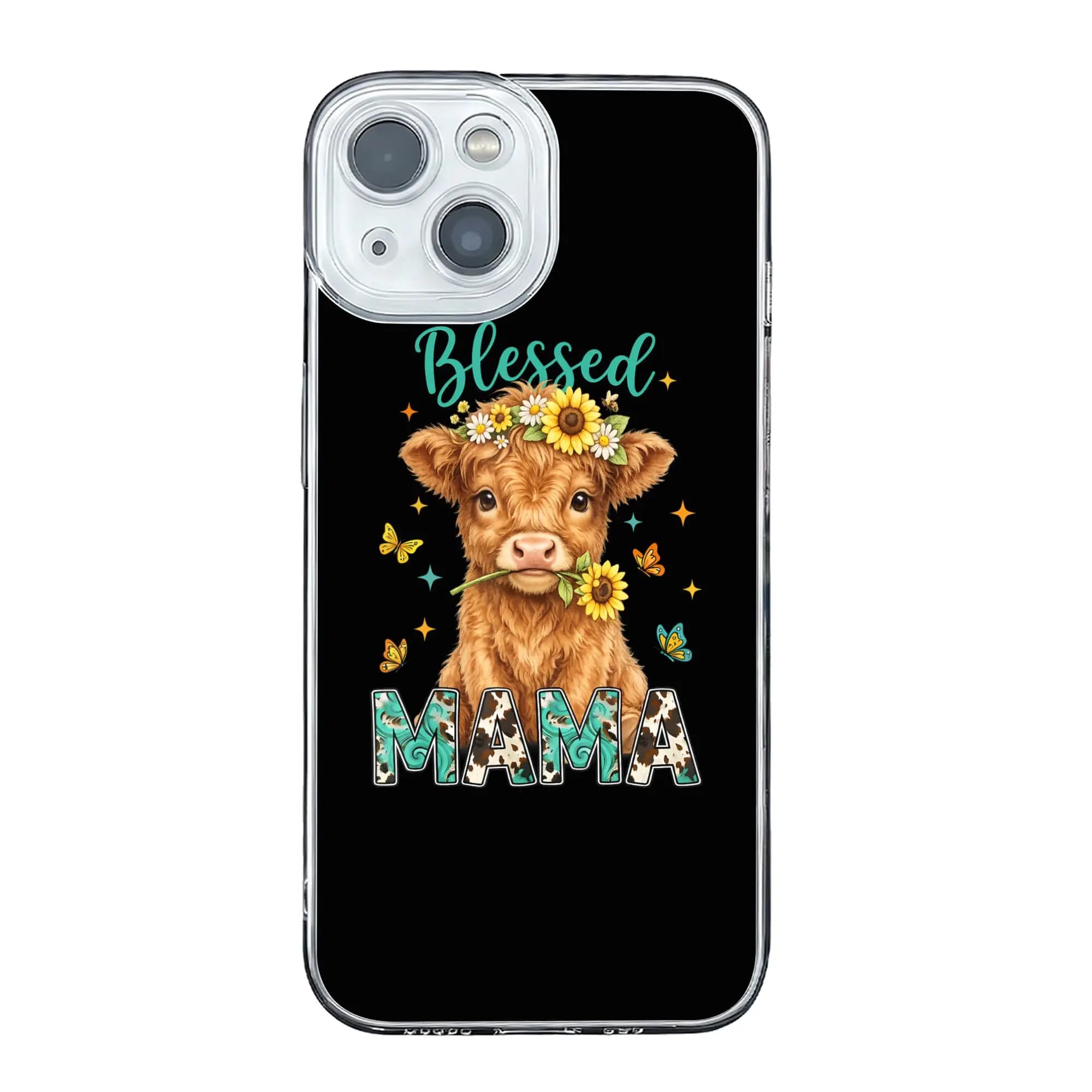 Cover per iPhone 17 16 15 14 13 12 11 Pro Max per la Festa della Mamma, con Mamma Bovina Highland, Girasoli e Stile Country