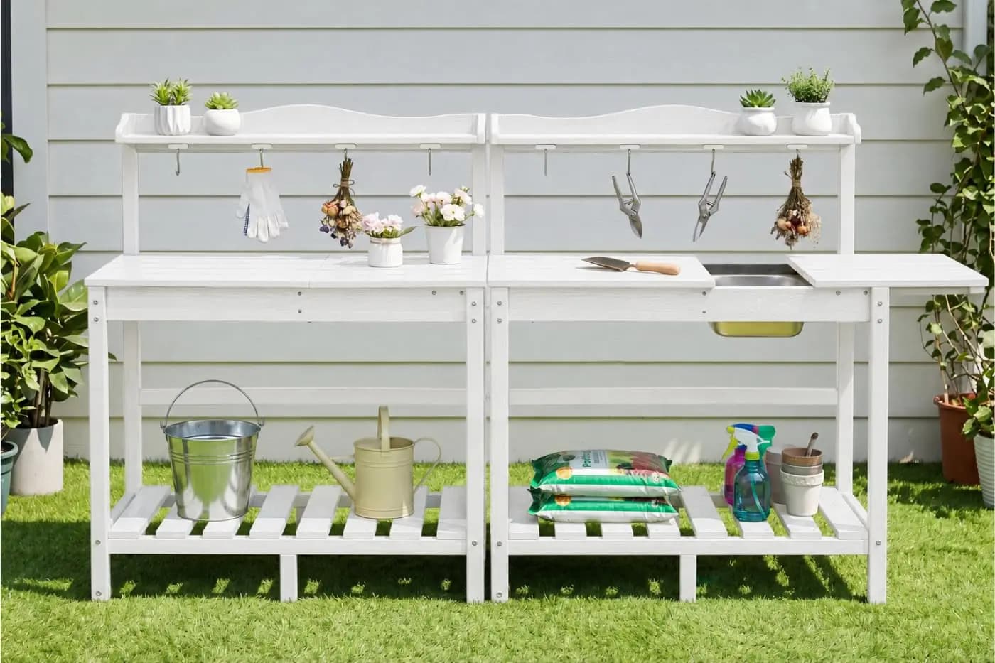 HDPE Outdoor Potting Bench with Sink, Expandable Garden Work Station, Sliding Tabletop, Heavy Duty Planting Table, Customized