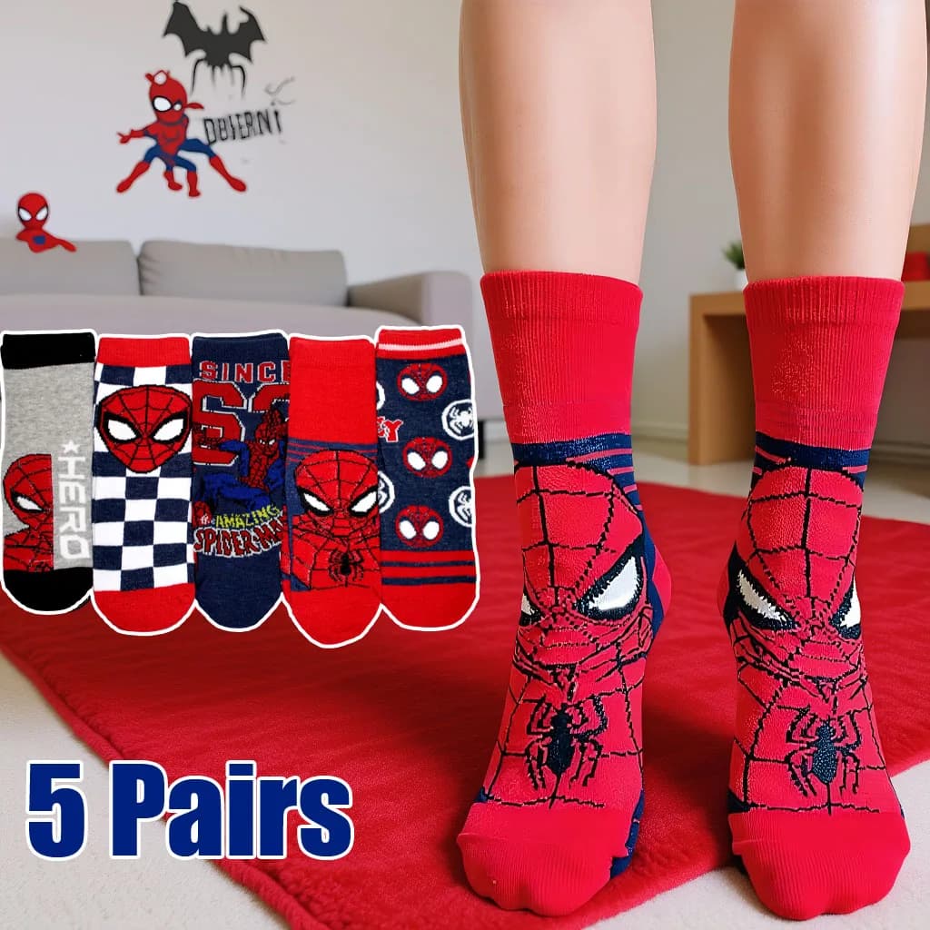 5 paia di calzini per bambini Spiderman Kawaii Morbidi Marvel Calzini per bambini per ragazzi MiddleTube Cartoon Calzini per bambini Regalo di Natale 2-9 anni