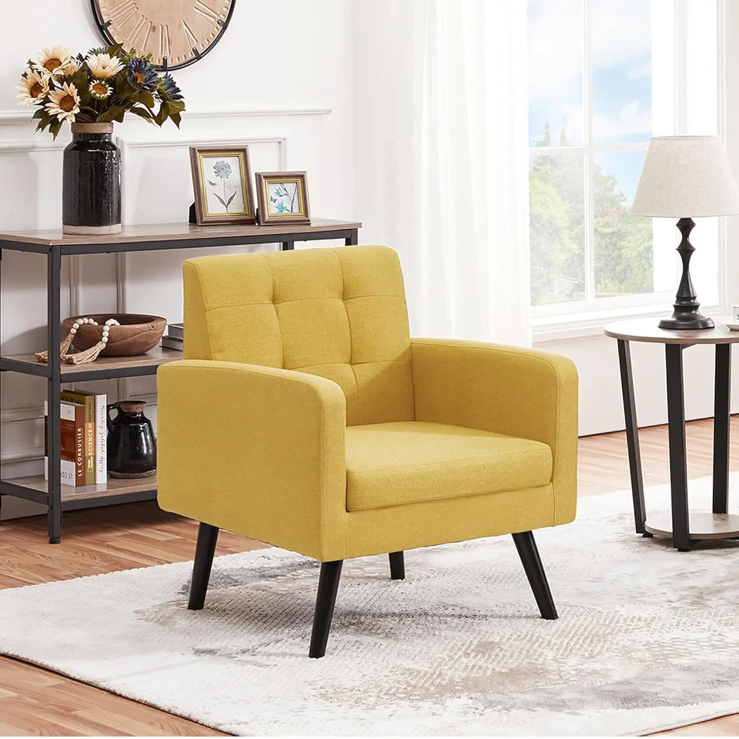 Poltrone in Stile Mid-Century, Sedia Moderna Imbottita per Soggiorno, Comoda Poltrona con Schienale Trapuntato e Gambe in Legno, Personalizzabile