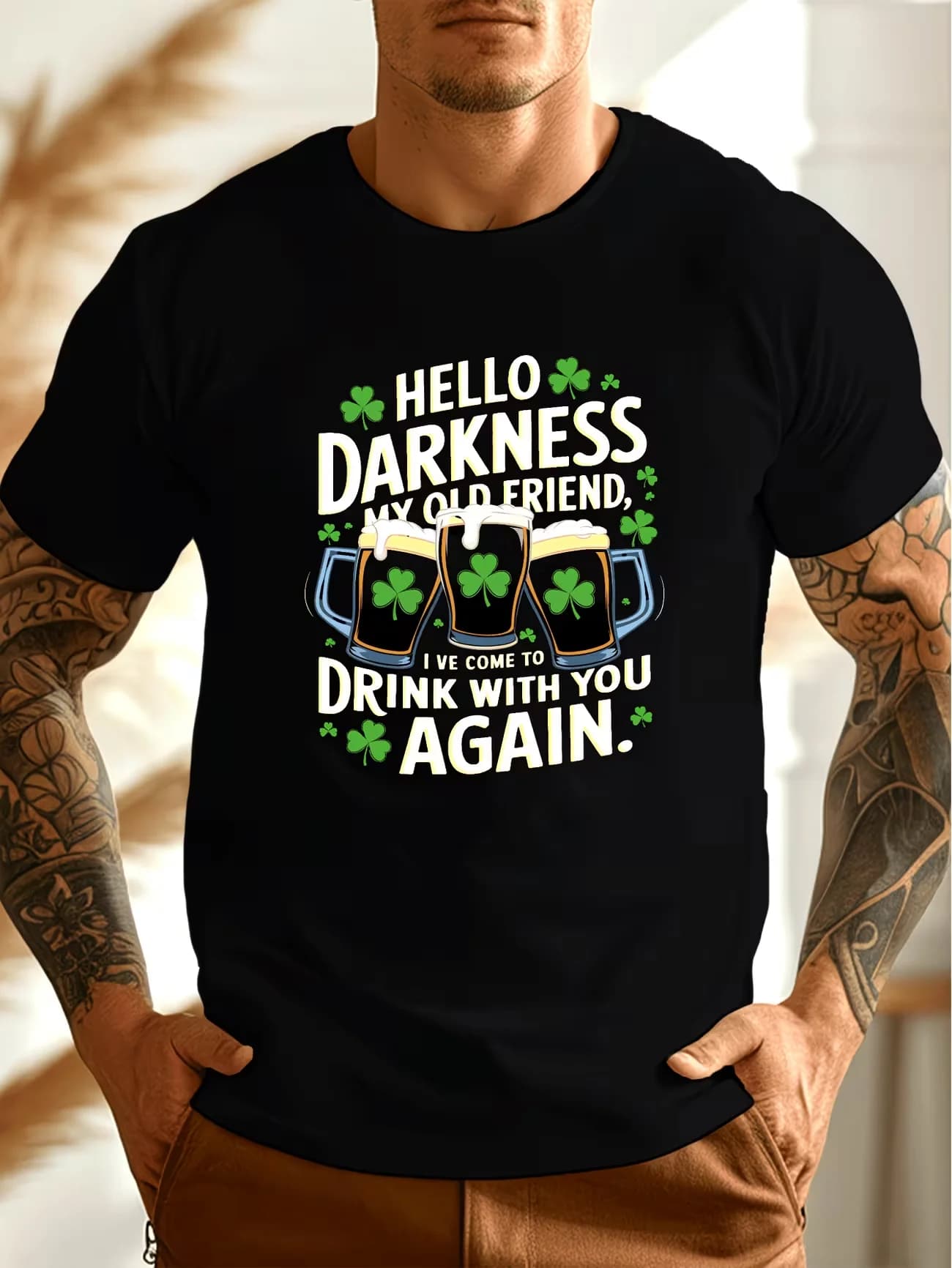 T-Shirt da Uomo e Donna in Cotone con Stampa 'Hello Darkness My Old Friend' e Trifogli, Maglietta Estiva Oversize Casual Streetwear