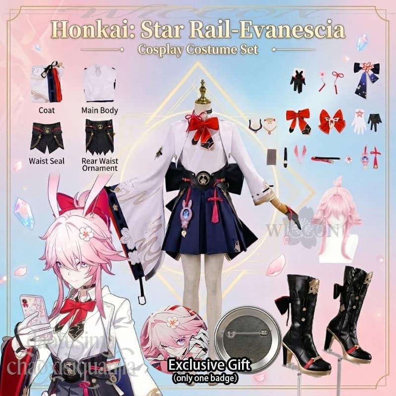Evanescia Anime Costume Kawaii Kimono White Top Mini Dress Sweet Lolita Cute JK Rabbit Headwear Cosplay Game Honkai:Star Rail