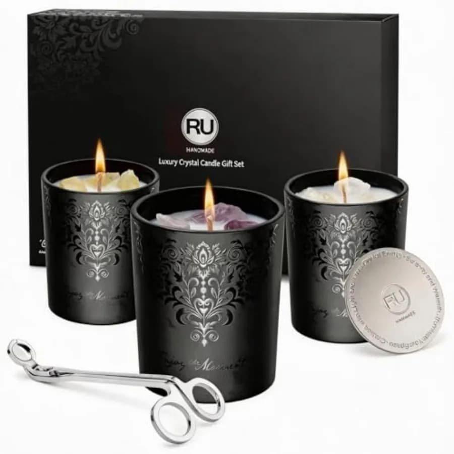 Set Regalo di Candele di Lusso in Cristallo Nero per Uomo, 3 Pezzi da 7oz, Candele in Cera di Soia e Cera d'Api con Cristalli Naturali Veri e Coperchi in Lega di Zinco