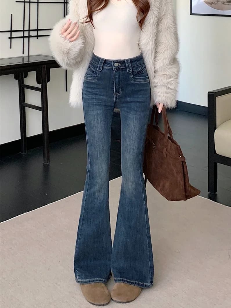 Jeans a Vita Alta e Gamba Larga da Donna, Stile Invernale alla Moda, Foderati in Pile, Pantaloni Lunghi Stile Hong Kong