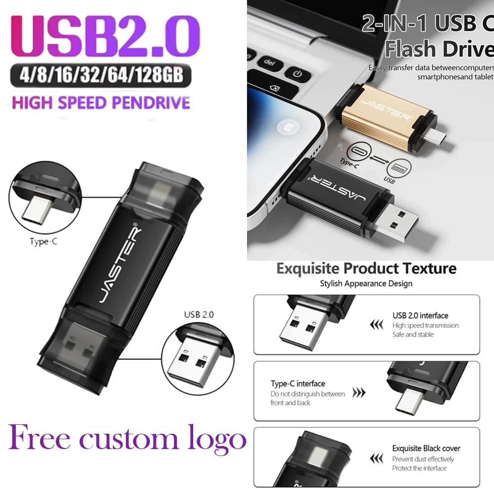 TYPE-C Plastic USB Flash Drive 128GB Free Custom Logo Memory Stick 64GB Black Pen Drive 32GB Creative Gift USB Stick 16GB Custom