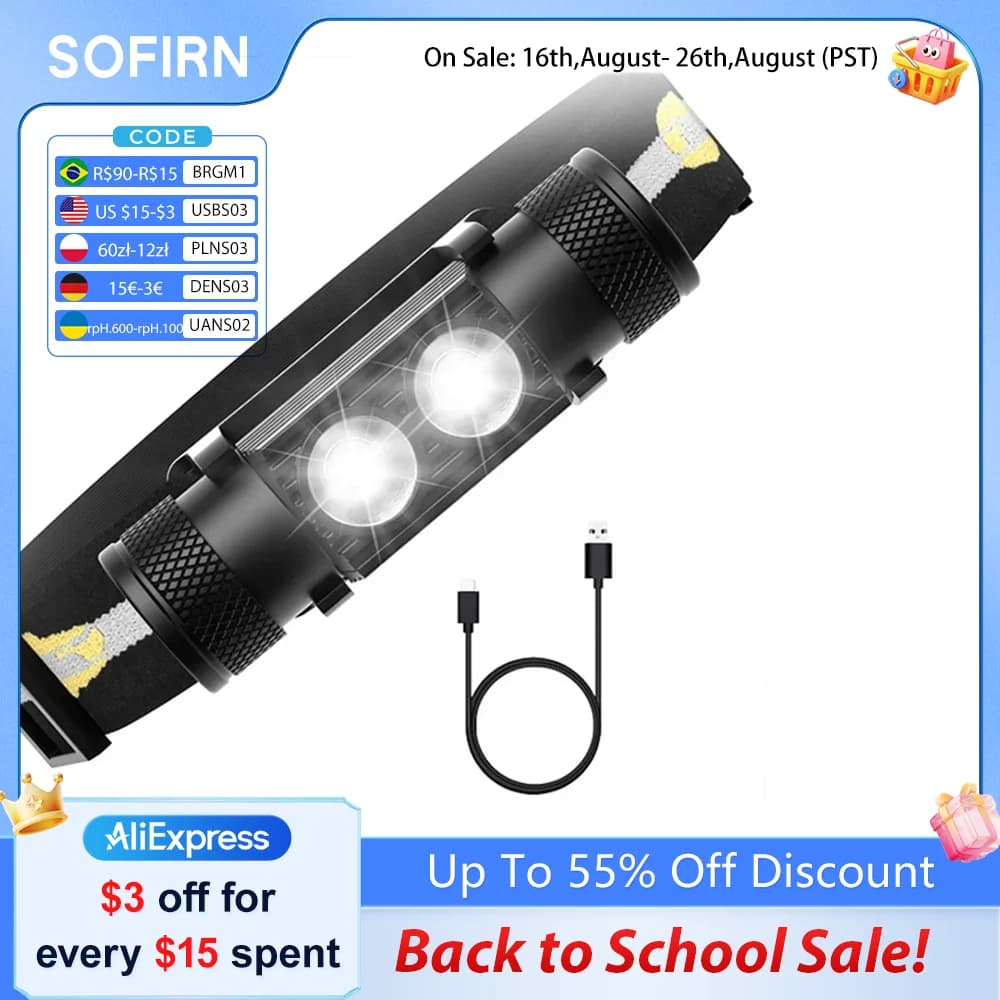 SOFIRN H25S Mini LED Headlamp XML 1200lm Head Lamp White Light Headlamp USB Rechargeable 18650 Head Light