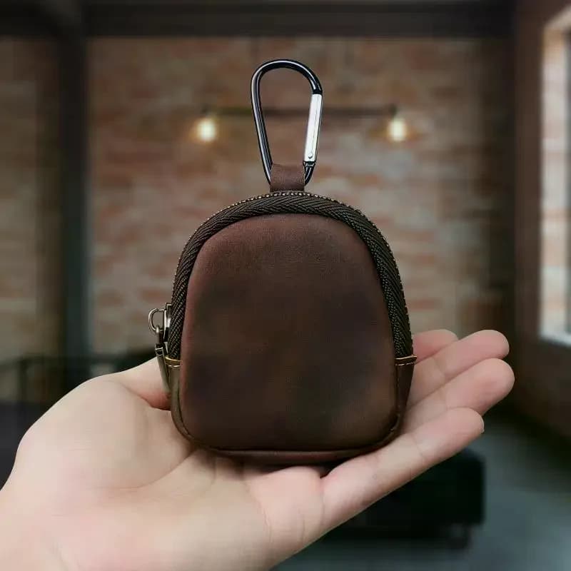 PU Leather Mini Coin Purse with Zipper Metal Carabiner - Keychain Wallet for Hiking Travel Outdoor Compact Organizer Gift
