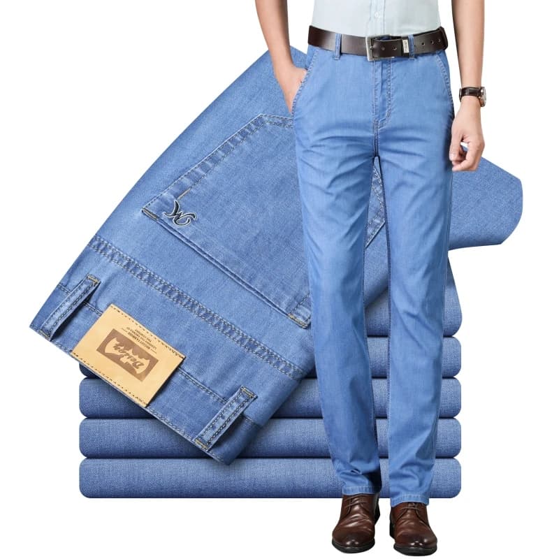 Jeans Uomo Estivi 2026 a Vita Alta, Slim Fit, in Lyocell Leggero Elasticizzato, con Ricamo Classico, Casual Business, Pantaloni Sottili