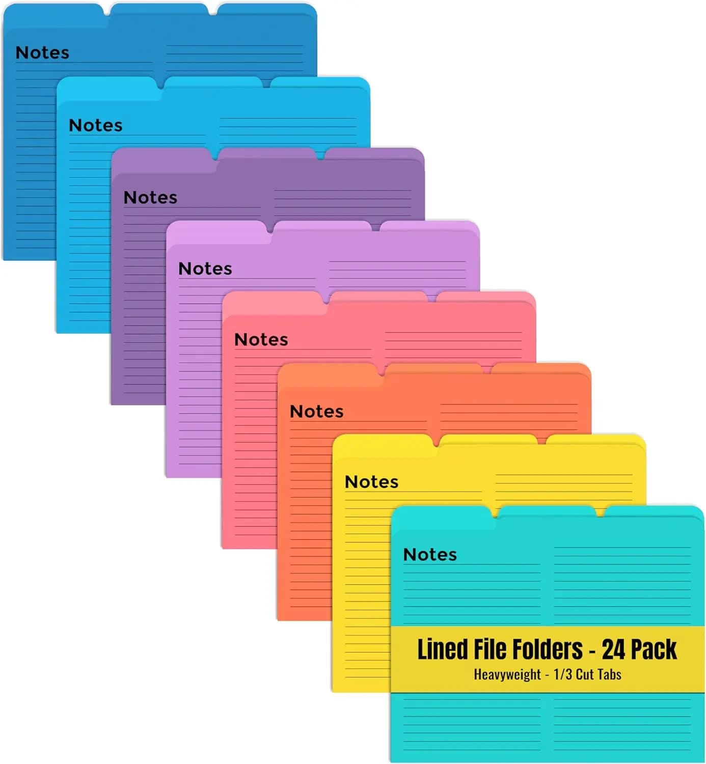 24 Pack Colorful File Folders with Notes Lines, 1/3 Cut Tabs, Letter Size