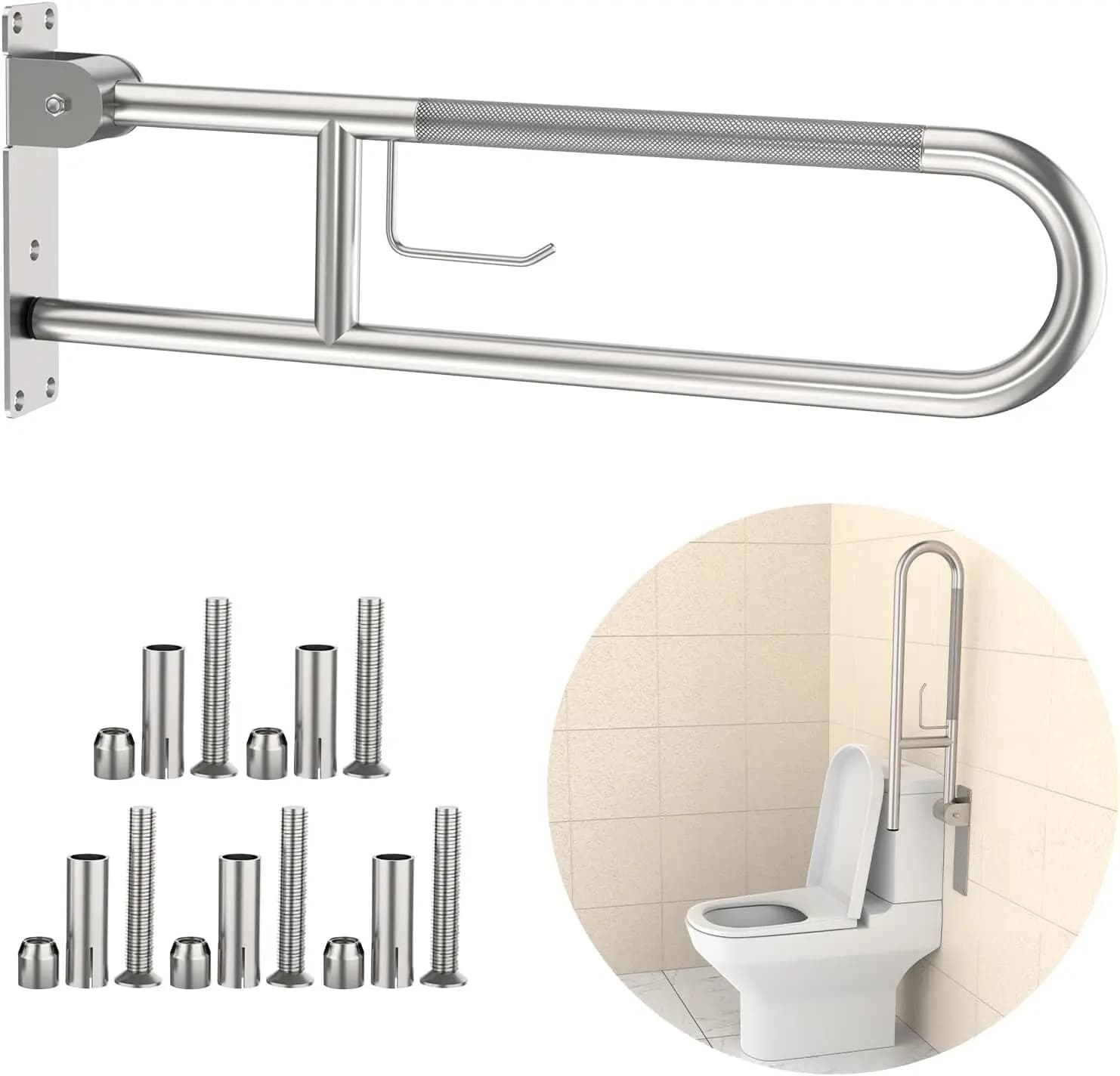 Barra di supporto per WC a U da 30,3 pollici con porta carta igienica, corrimano di sicurezza antiscivolo in acciaio inossidabile per anziani e disabili