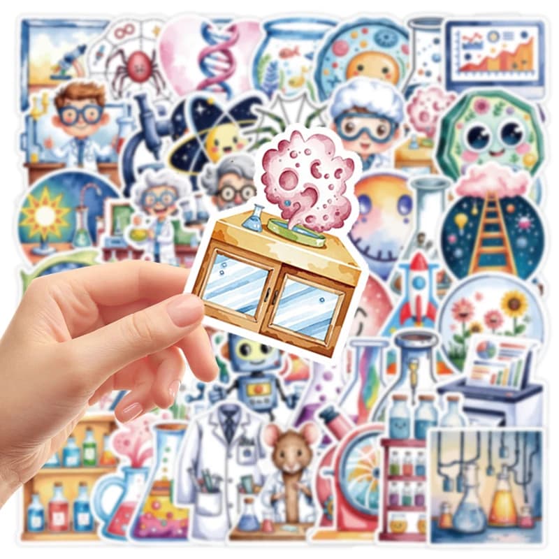 50 Pezzi Adesivi a Tema Laboratorio Scientifico, Decorazioni Carine per Casco, Skateboard, Chitarra, Laptop, Valigia, Cancelleria, Giocattoli per Bambini, Regalo