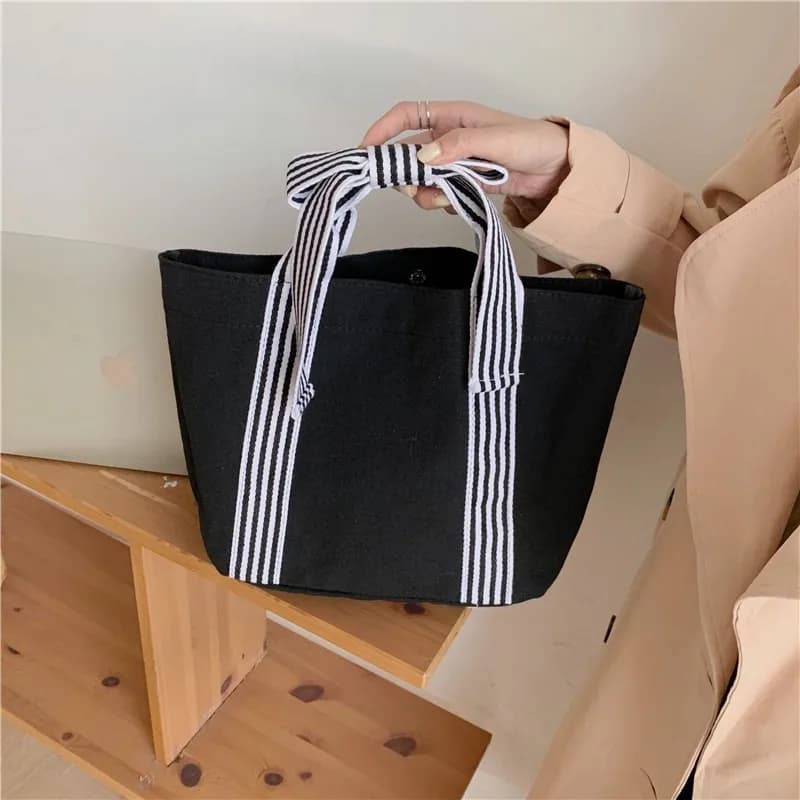 Black Neutral Fashion Simple Women's Bow Canvas Bag Hand Pull Dark Tie Small Fresh Hand Handbag A Bag