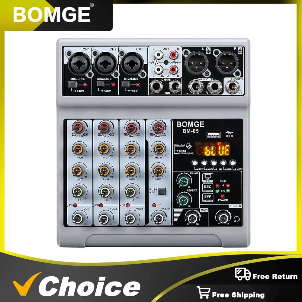 Mixer BM-05 Console di missaggio DJ con Bluetooth 48V Phantom Power Monitor Karaoke Systeem Mixer USB Audio