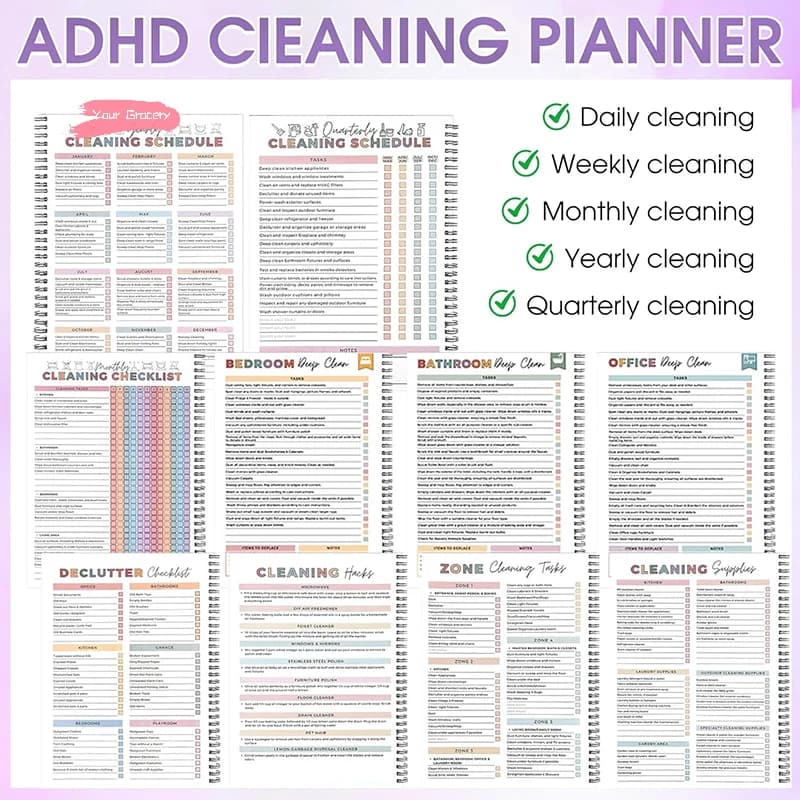 Agenda riutilizzabile per la gestione dell'ADHD per adulti e adolescenti - Organizzatore domestico con programma di pulizia giornaliero, settimanale e mensile e elenco di controllo