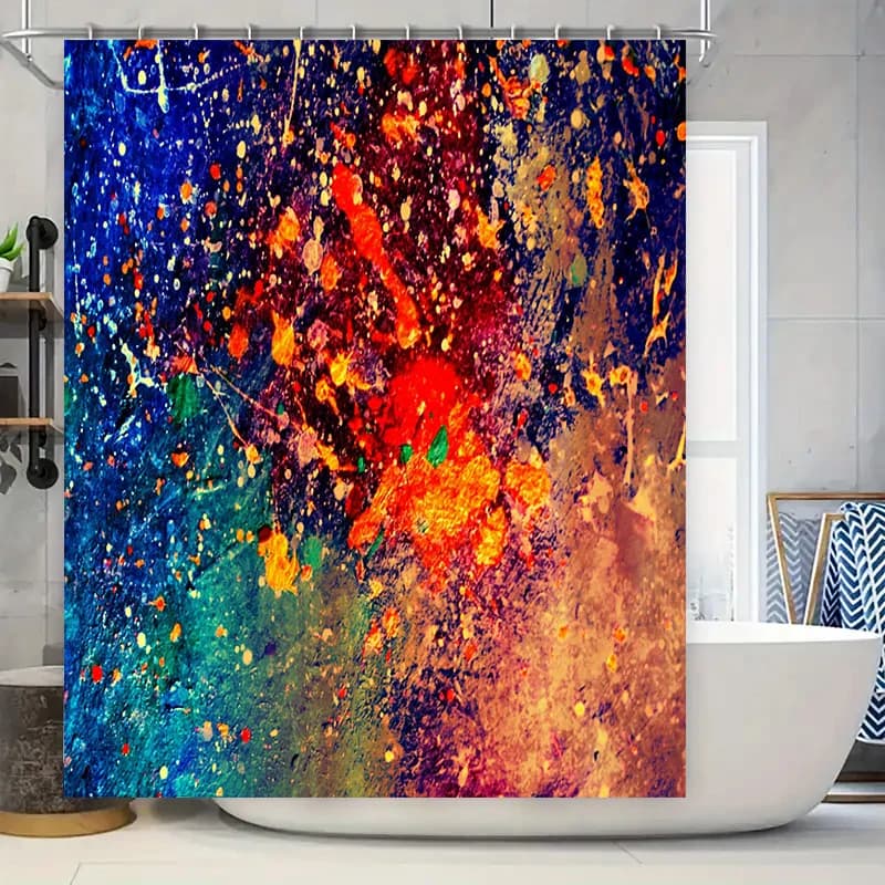 Tenda da doccia con schizzi vibranti: tappetino da bagno decorativo in tessuto impermeabile in blu, oro rosso, moderno bagno artistico da appendere alla parete