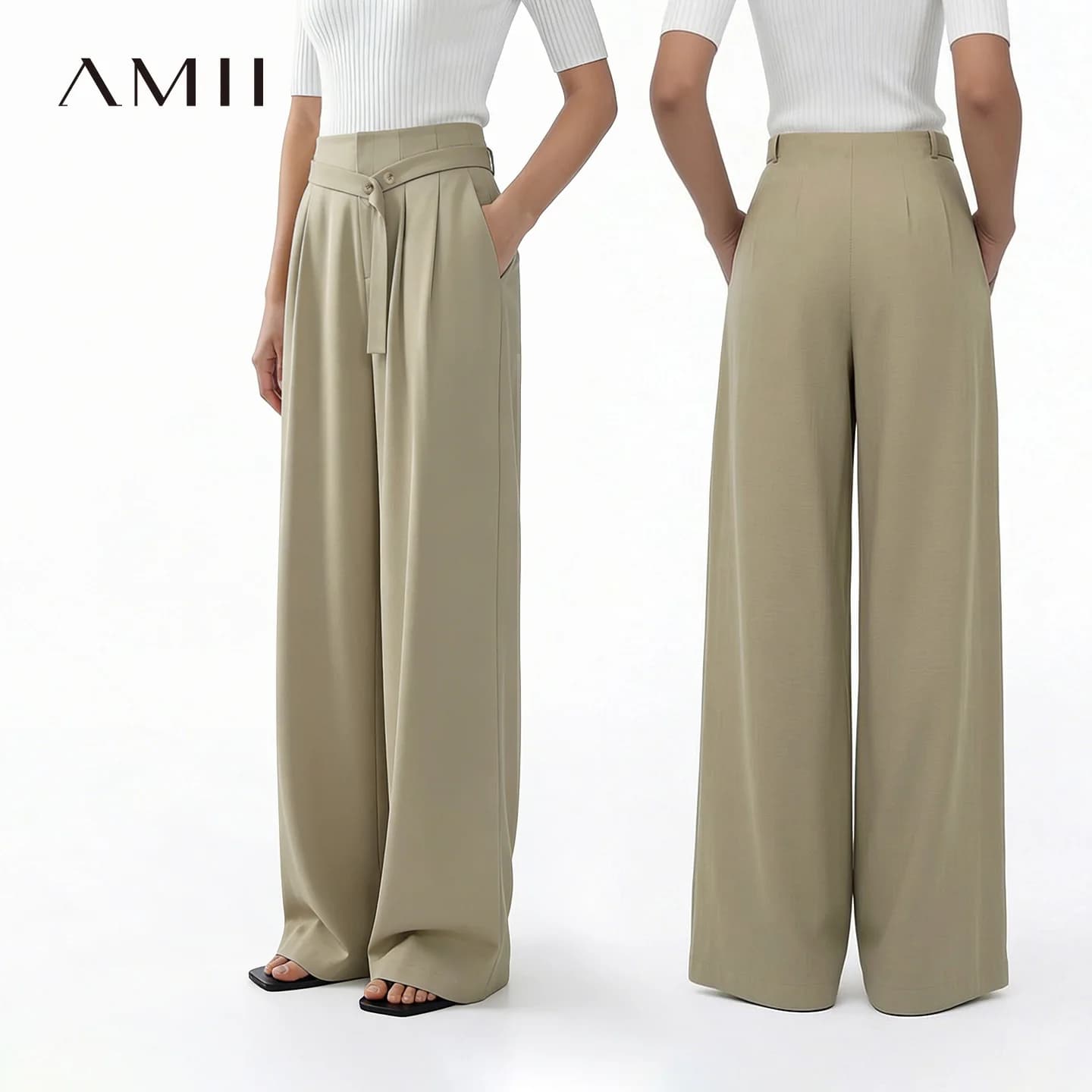 Pantaloni da donna Amii 2026 Nuovi estivi con cintura asimmetrica in misto lino, casual, da ufficio, a gamba dritta, versatili 12642083