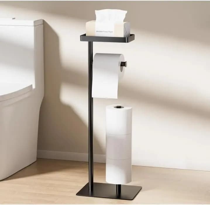 Portarotolo da terra con ripiano portaoggetti, supporto da bagno in metallo antiruggine per telefoni e rotoli
