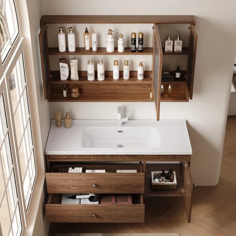 Mobile Bagno Moderno con Specchio, Organizer Contenitore, Divisori per WC, Vetrina Espositiva, Cassetti, Armadietto, Arredamento Hotel