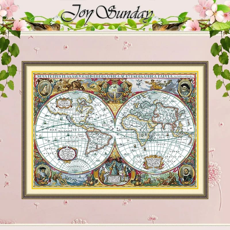 World Map Patterns Counted Cross Stitch Set DIY 11CT 14CT 16CT HD Stamped DMC Cross-stitch Kit Embroidery Needlework Crafts