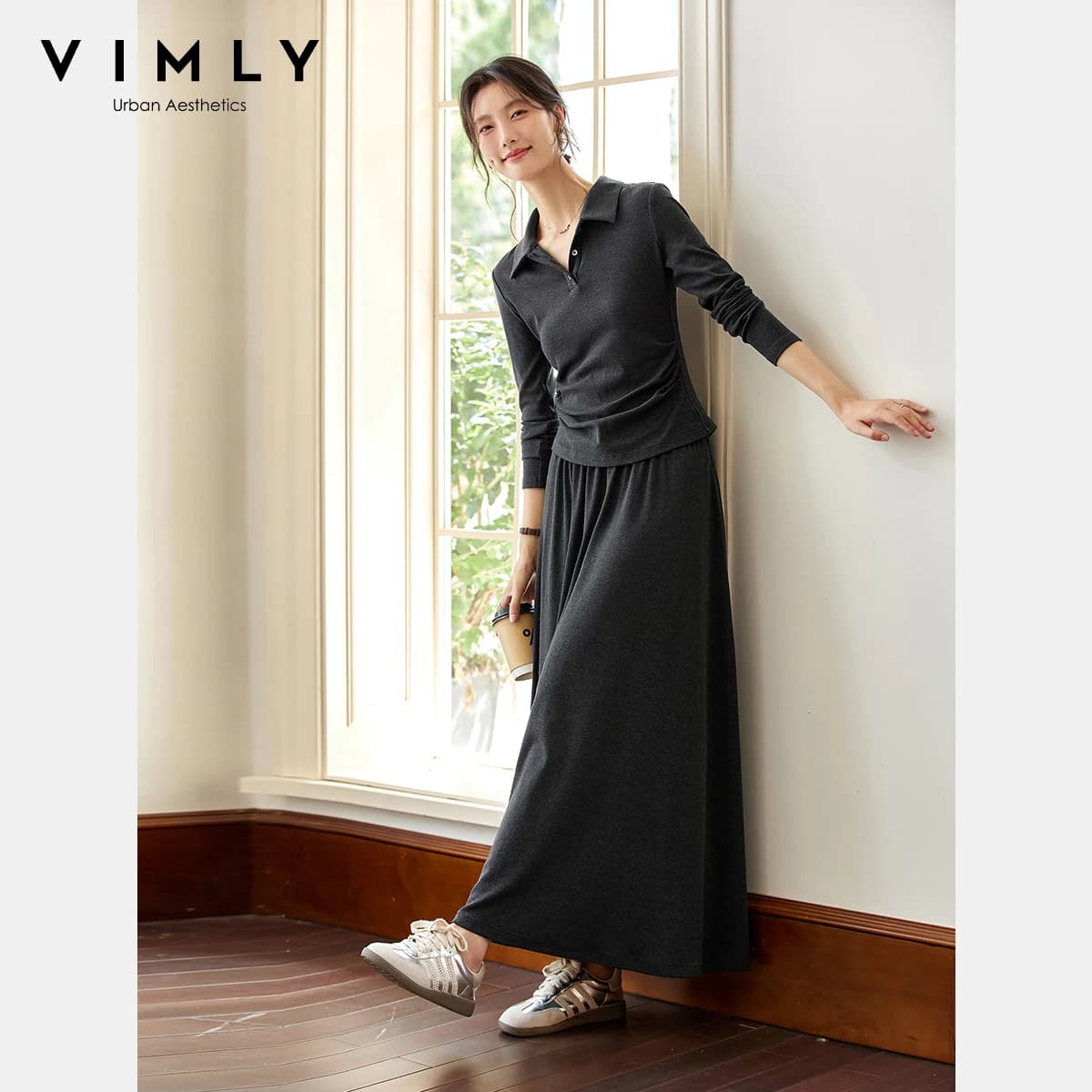 VIMLY Completo Donna Due Pezzi Casual Autunno 2026: Top Lavorato a Maglia con Collo a Polo e Gonna Lunga a Trapezio, Elegante e Comodo A2566