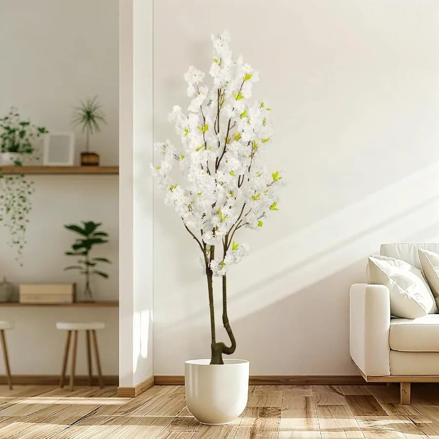 Fake white cherry blossom tree 7 feet 84 in height Artificial plant Interior decoration for weddings Living room Office and outdoor use Handm