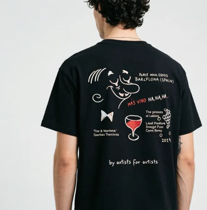 Men Vintage Sketch Cartoon Wine Glass Back Print T Shirt Letter Graphic Crew Neck T-shirt Loose Oversized Streetwear Cotton Tees