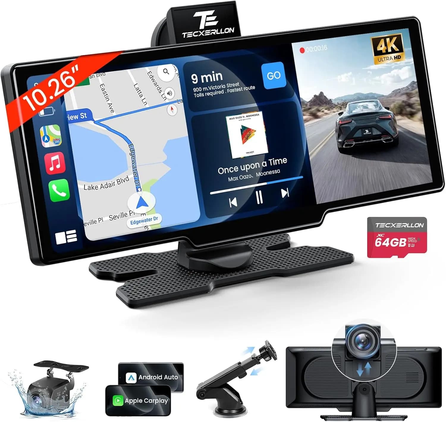10.26' Wireless CarPlay Screen with Dash Cam 4K and 1080P Backup Camera, GPS Navigation, Android Auto, AirPlay