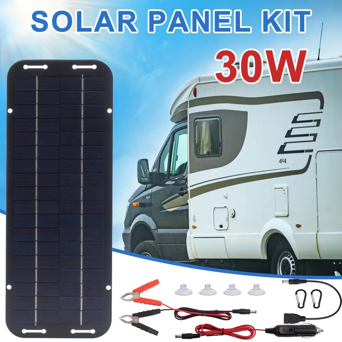 Kit pannello solare 30W Caricatore di mantenimento batteria Manutentore 12V per auto roulotte barca moto RV batteria qualsiasi batteria al piombo 12V