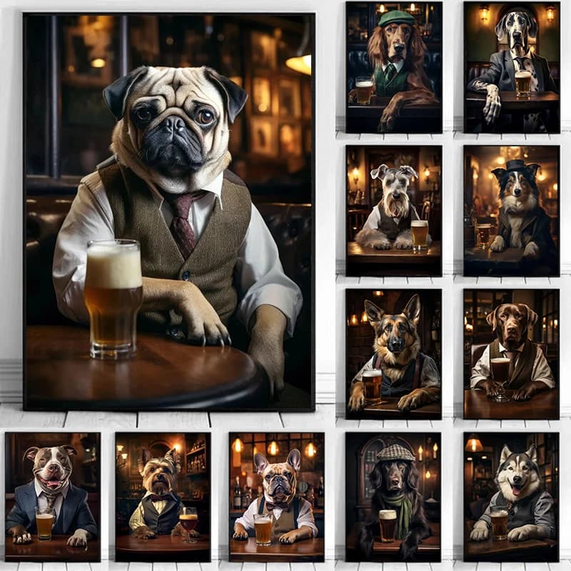 Simpatico cane nel pub Stampe su poster Pittura su tela Carlino Pastore tedesco Corgi Collie Animale Birra Wall Art Room Home Decor Cuadros