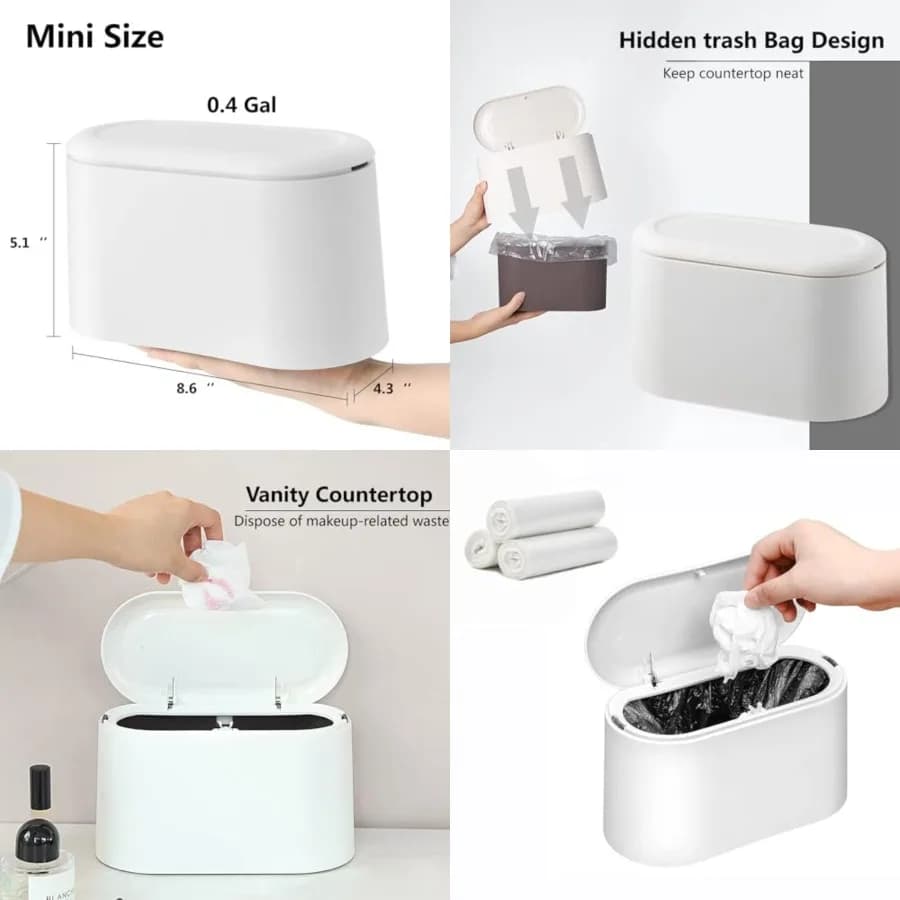 Mini cestino per rifiuti con coperchio, piccolo cestino da scrivania, mini cestini per rifiuti da bancone, piccolo cestino per rifiuti, bianco, con 3 rotoli di sacchetti.