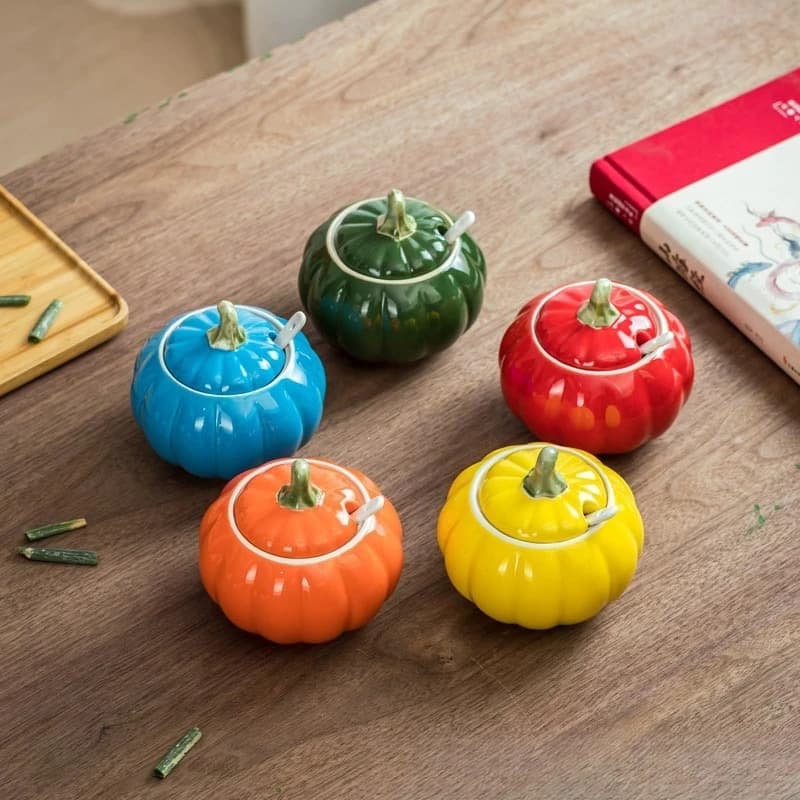 Set di barattoli di spezie in ceramica di zucca creativa, contenitore per sale, zucchero, bottiglia di olio da cucina, scatola per condimenti