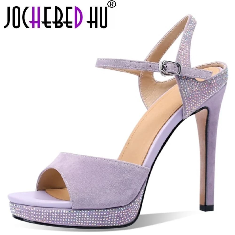 【JOCHEBED HU】New Summer Simple Handmade Genuine Leather round Head Waterproof Platform Rhinestone Open Toe Sexy Ultra Heel 33-40