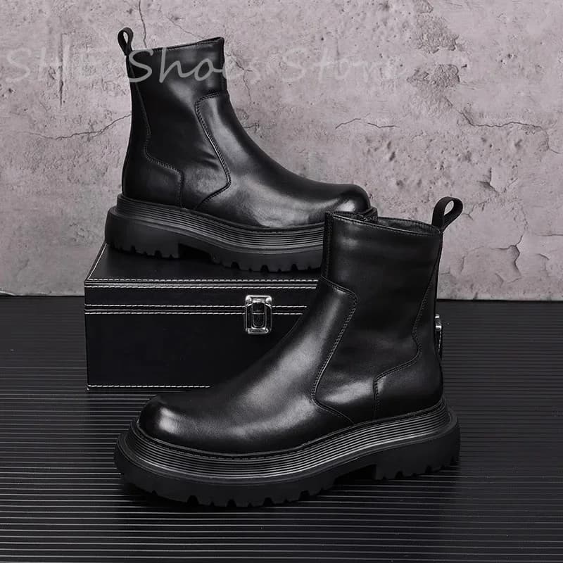 High-Top Chunky Bottom Chelsea Boots for Men Fashion Genuine Leather Ankle Boots Male Casual Shoes Western Cowboys Boots