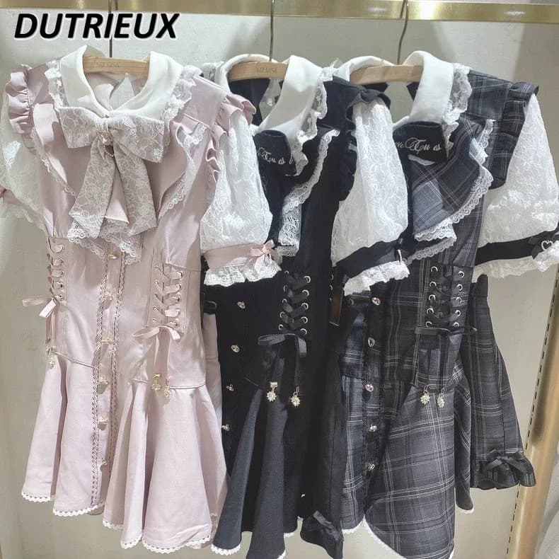 Summer new sweet set two-piece buckle with diamonds love bow in waist top with laces short sleeve dress in lace and leggings shorts dresses