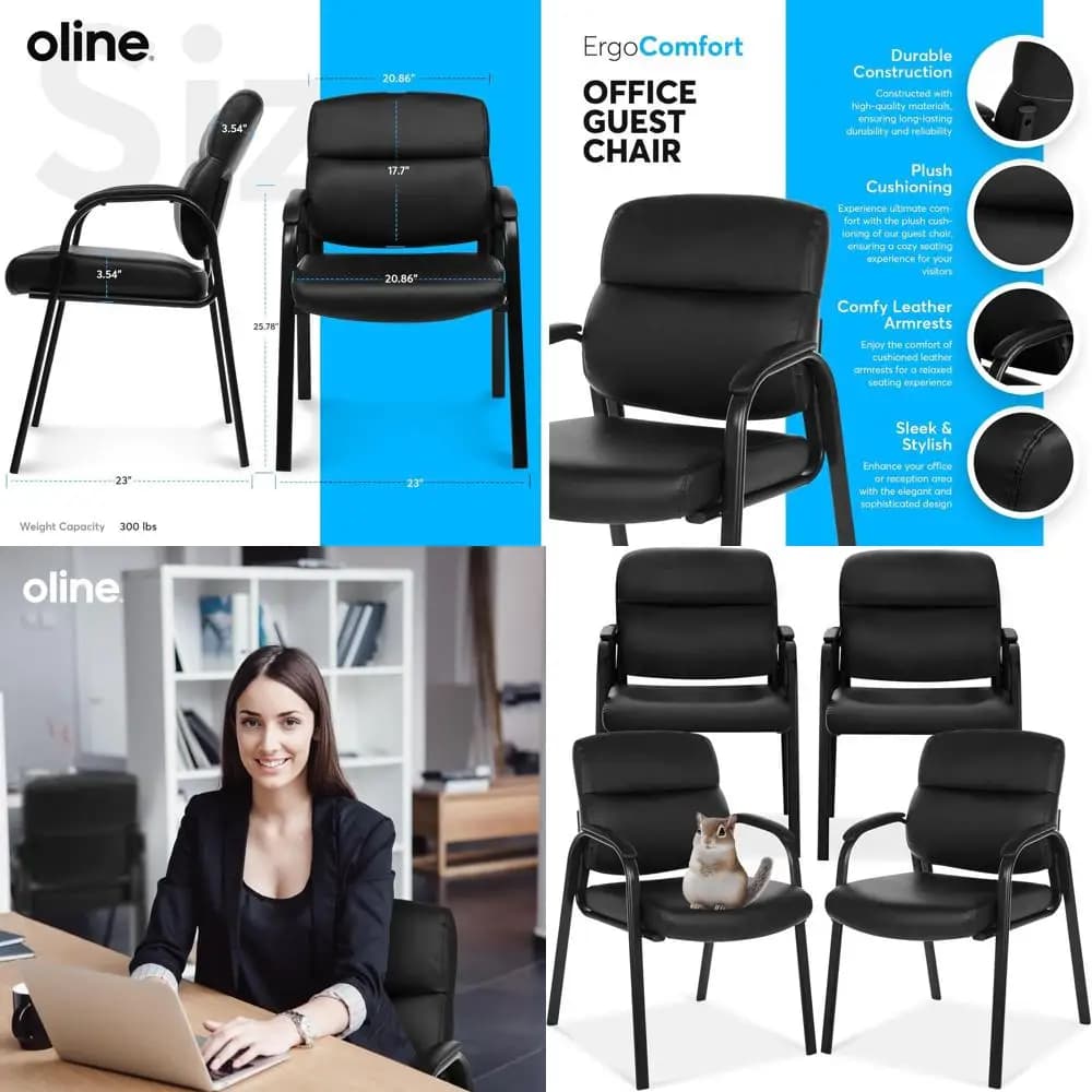 Sedia da ufficio in pelle nera con schienale alto e braccioli imbottiti per sale conferenze, sale d'attesa e scrivanie domestiche (confezione da 4)